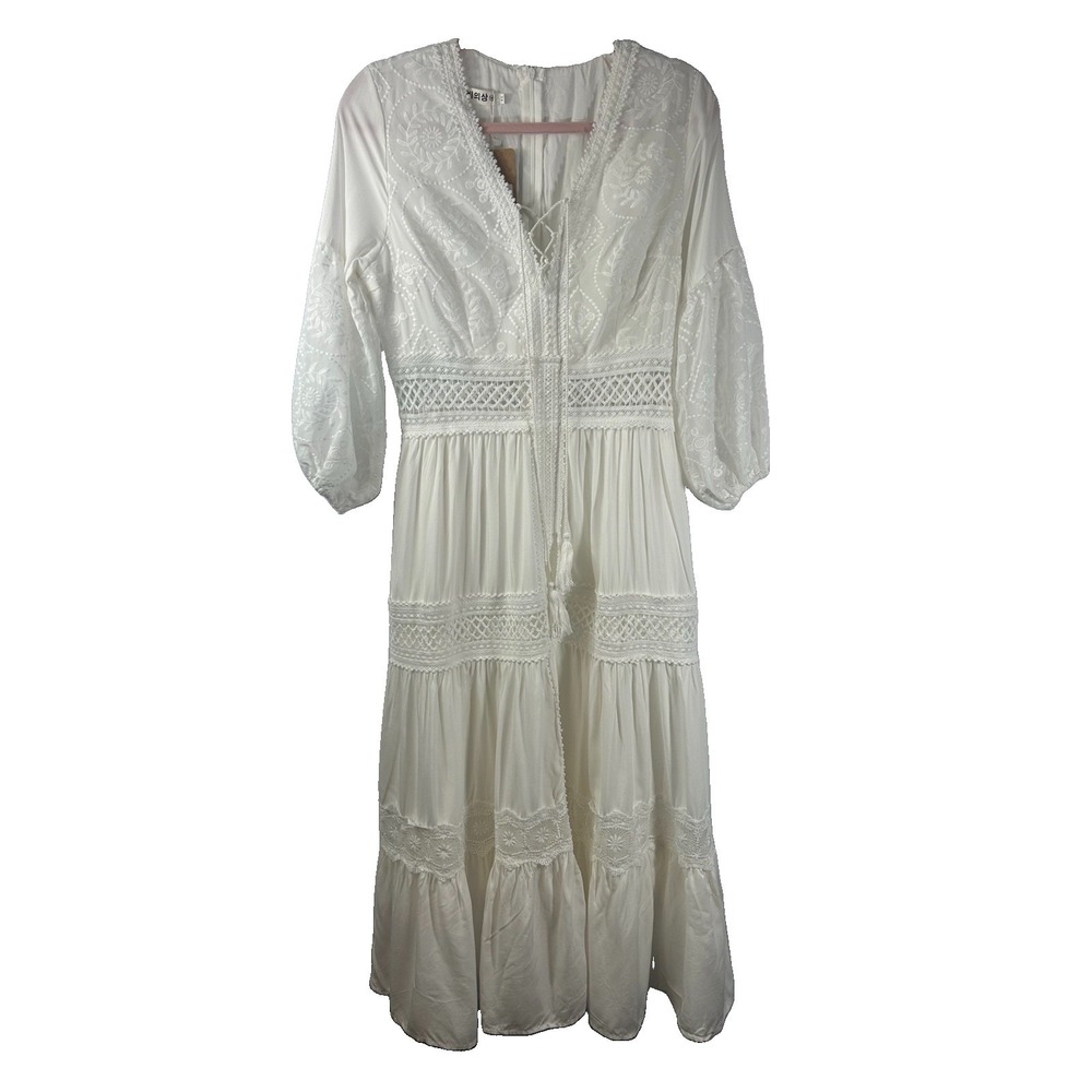 Wangbi Uisang NWT White Embroidered Boho Maxi Dress XL Cottagecore Prairie Bride